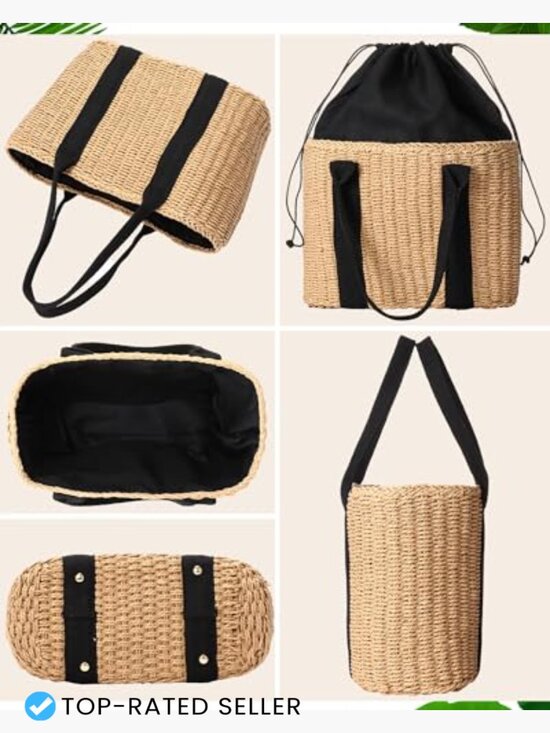 Straw Woven Bag and Rattan Hat Set Bohemian Summer Vacation Tote Handbag main image 6